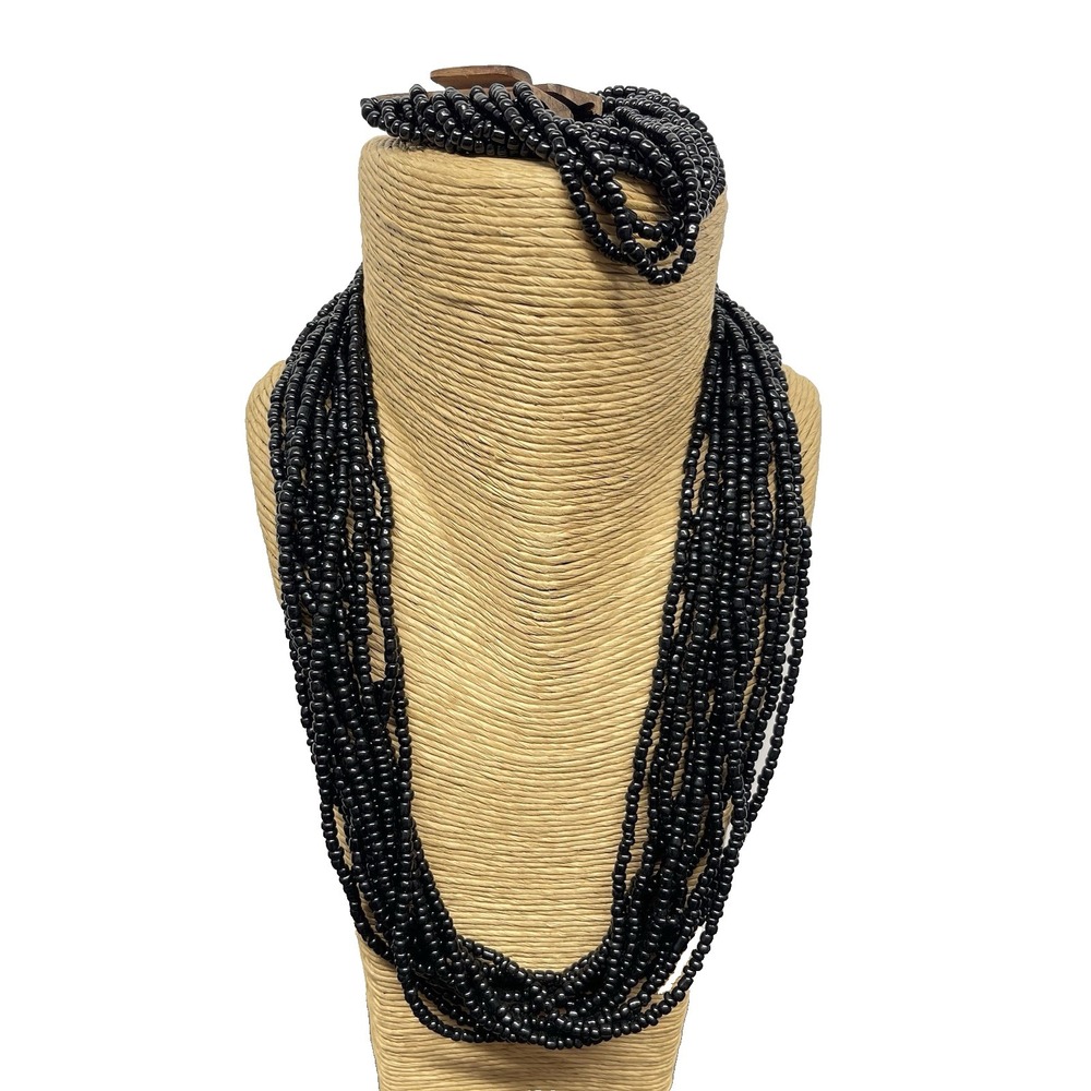 Black Beaded Multi Strand Necklace &‎ Wooden Buckle Bracelet Set Boho Chunky